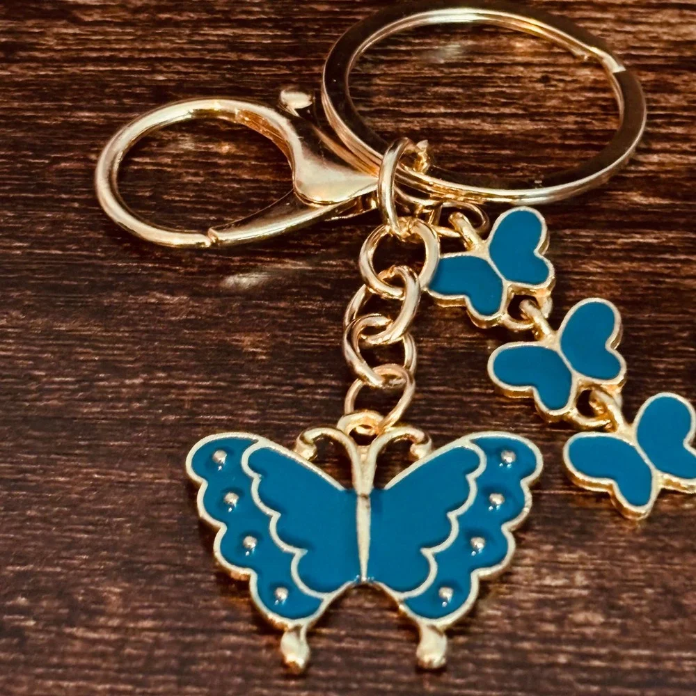 Blue Enamel Butterfly Keychain Gold Tone Lobster Clasp Bag Charm Accessory